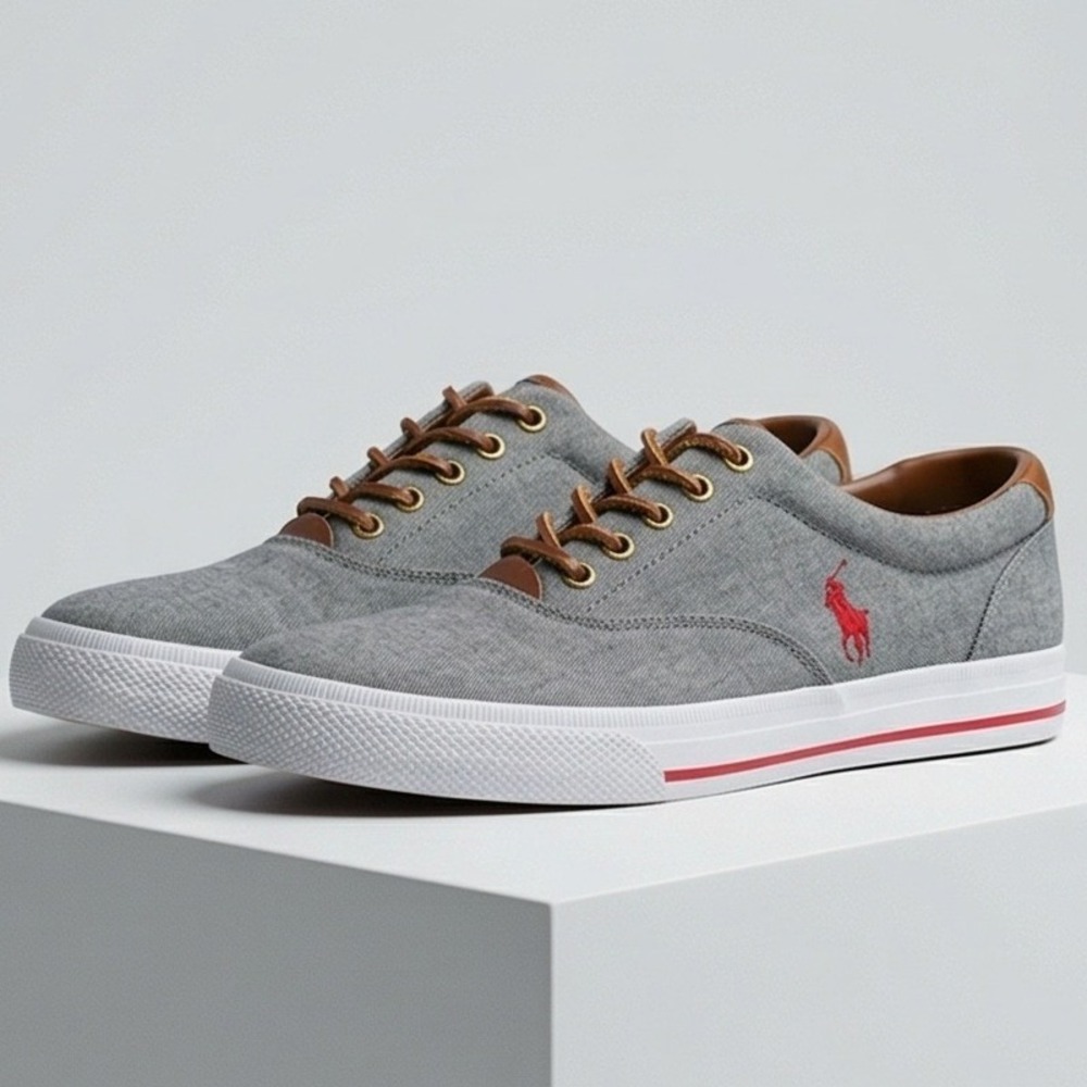 Polo Ralph Lauren Mens 10.5D Vaughn Chambray Leather Sneakers Gray Deck Shoe